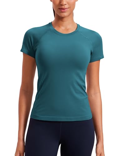 CRZ YOGA Seamless Workout Tops for Women Hip Length - Athletic Running Gym Yoga Short Sleeve Shirts Breathable Crewneck Tees Green Jade Small