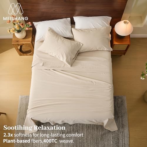 MEISHANG 100% French Pure Linen Sheets Queen Size - Bed Sheets 4 Piece Sets, Soft Durable Flax Linen, Anti-Tear Breathable Oeko-Tex Certified with 16" Deep Pocket (Linen) - Thumbnail 2