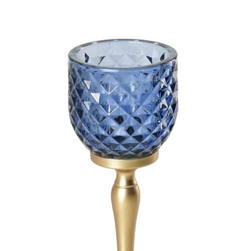 Image of Pure Home Blue Diamond Cut Hurricane - Large | Size: 9 x 9 x 24 cm | Premium Hurricanes for Home Decor | Table Top & Shelf Decor Showpiece | Ideal for Housewarming & Wedding Gifts | Premium | Pack of 1