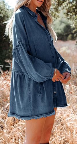 Image of loveimgs Women Oversized Distressed Denim Button Down Shirt Tunic Dress Flowy Mini Jean Dress with Pockets
