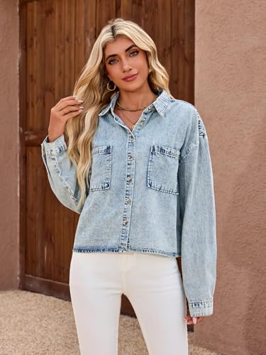 Women's Cropped Denim Shirt Long Sleeve Button Down Jean Blouse with Pockets, Comfort Fit Casual Vintage Top3