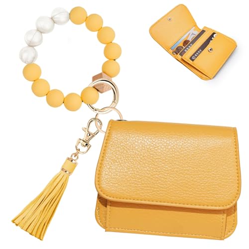 Image of Keychain Wallet for Women,RFID Wristlet Wallet with Beaded Strap | Tri-Fold Design,6 Card Slots,ID Window,Zipper Coin Pocket,Lightweight Carry