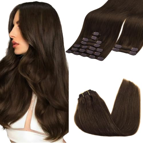 Image of GOO GOO Clip in Hair Extensions Real Human Hair, Remy Human Hair Extensions Clip ins for Women, Natural Human Hair, 16inch 150g 9Pcs, 4A Chocolate Brown