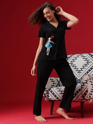 Image of Clovia Women's Cotton Printed Button Down Shirt & Pyjama Night Suit Set
