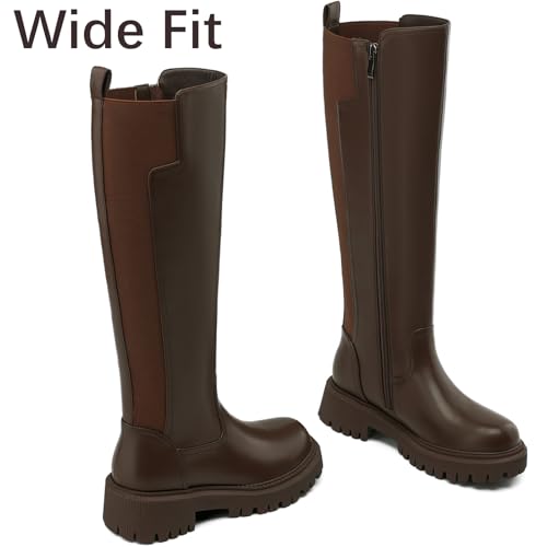 Image of TEAIEU Knee High Boots for Women, Platform Chunky Block Low Heel Tall Boots, Round Toe Side Zipper Fall Long Boots for Dress, Stretch Calf, Comfortable