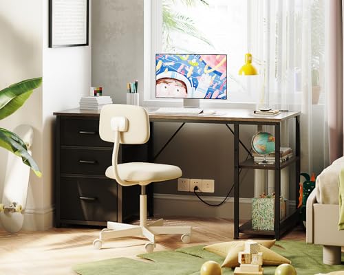 Image of AODK 51 Inch Computer Desk with Drawers & USB Power Outlets - Reversible Home Office Desk with Storage Shelves, Work from Home, Modern Work /Writing /Study Table for Bedroom, Grey Oak