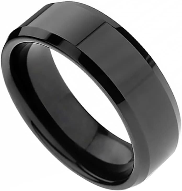 Men's Black Wedding Band Stainless Steel Ring – Matte Brushed Center with Polished Beveled Edges – Comfort Fit Engagement Promise Ring for Him