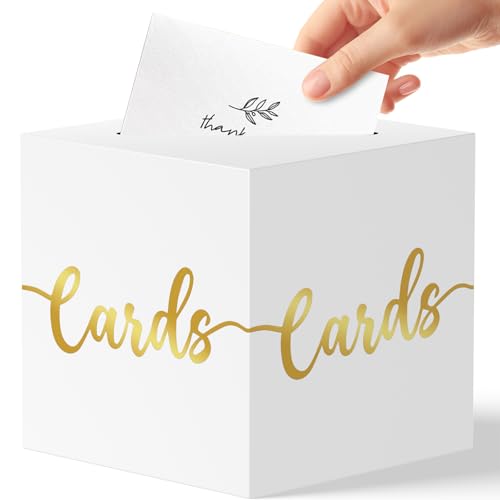Image of OLANRUN Gift Card Box, 9 inch Graduation Gold Foil Card Box, White and Gold Party Decorations for Wedding, Birthday, Baby & Bridal Shower, Anniversary, Retirement