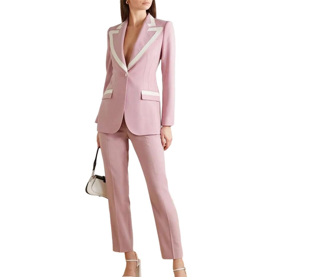 Women Patchwork Long Sleeve Blazer and Pant Two Piece Suit Slim Fit Office Business Outfit