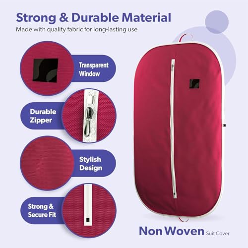 Image of Non Woven Blazer Cover with Zip | Hanging Coat Bags for Jacket, Saree, Shirt, Garments Clothes | Unisex Dress Wardrobe Organizer Folding Suit Covers, Maroon | Pack of 5