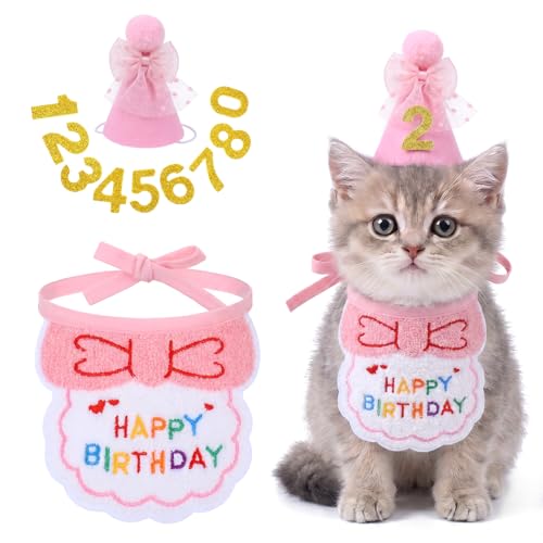 ADLABLD Katzen Geburtstag Hut Bandana Set,Haustier Geburtstags Partyhut | Geburtstagsmütze Schal-Set für Kleine Hunde und Katzen,Geburtstagsdekoration Gehören Latz und Partyhüte