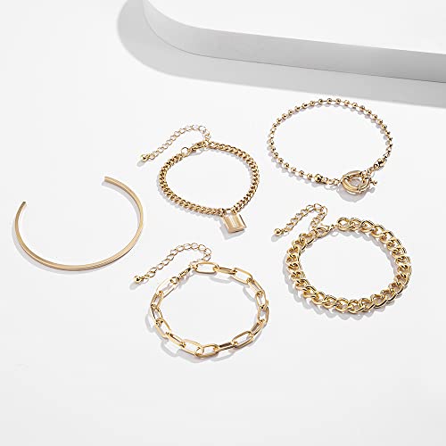 Boho Fashion Dainty Boho Gold Silver Chain Stackable Lock Bracelets Set for Women Adjustable Beaded Chunky Flat Cable Chain Punk Bracelets Jewelry for Women Gift Set of 53