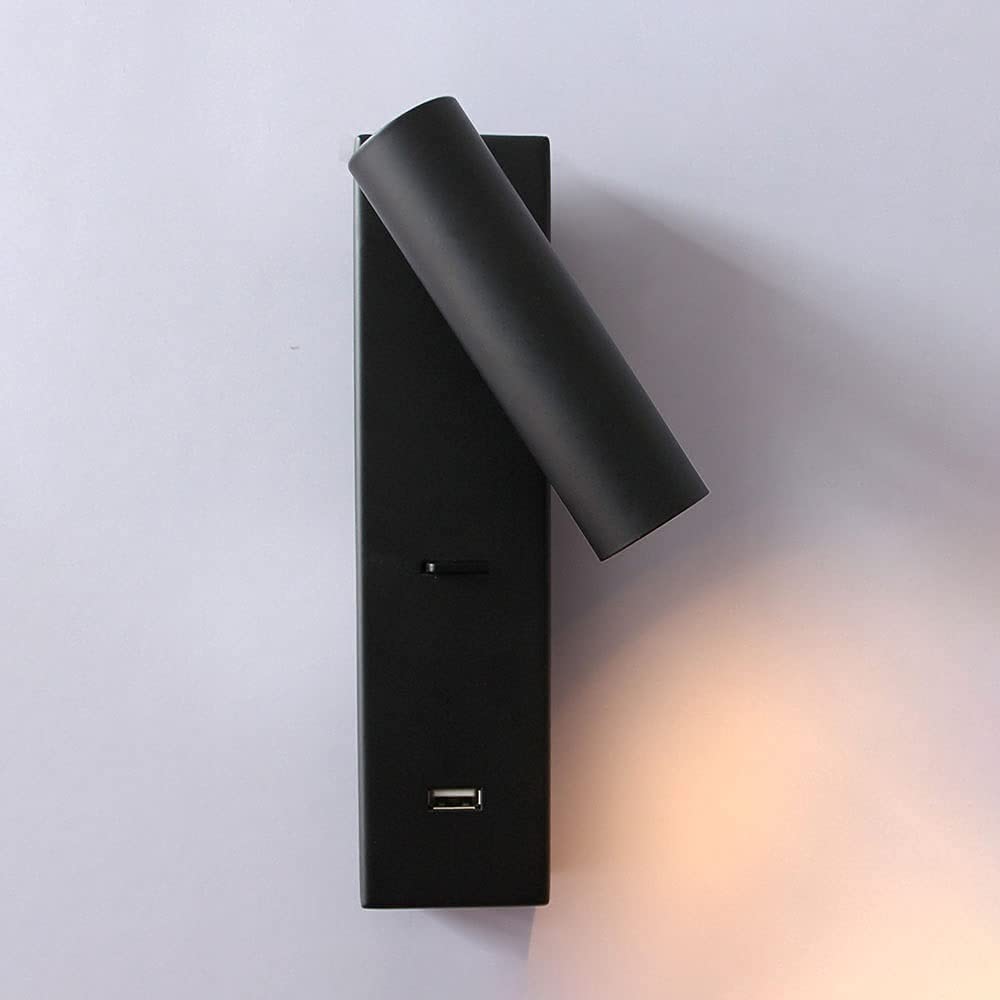 SXECAEPS Led Bedside Wall Lamp Adjustable Sconce with Switch, Reading Sconces Usb Charging Port, Modern Spotlights Headboard Lamps for Bedroom Living Room Office/Black-