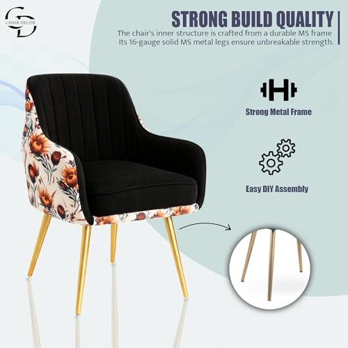 Image of Velvet Accent Chair | Luxury Upholstered Armchair with Sturdy Metal Legs | Modern Comfortable Chair for Living Room, Bedroom, Office, or Cafe (Golden Legs, Black Floral)