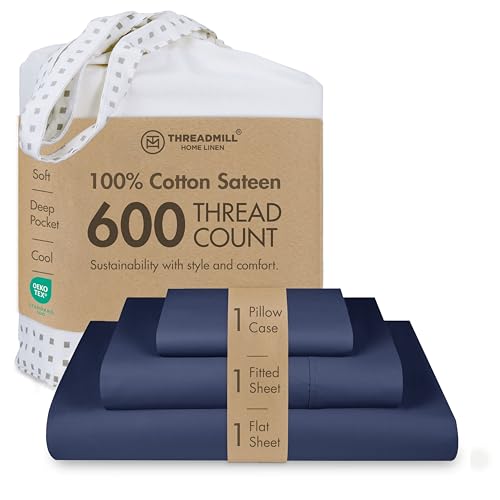 Threadmill 100% Cotton Sheets for Twin Size Bed - 600 Thread Count Twin Bed Sheets Set with 15” Deep Pocket - Sateen Weave 3-Piece Bedding Set with Cooling Effect, Folkstone Blue