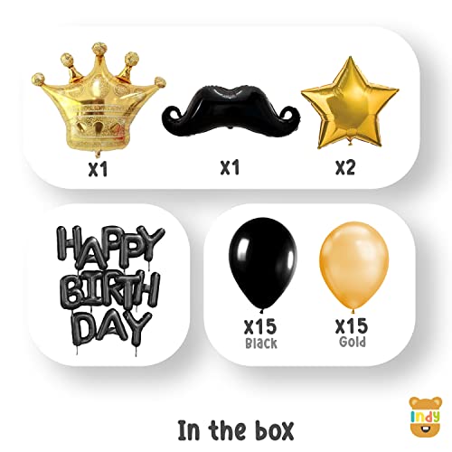 Image of Just Party 47 Pcs Happy Birthday Decoration Kit Combo - Black Letters , Golden Crown & Star Foil Balloons Theme Backdrop