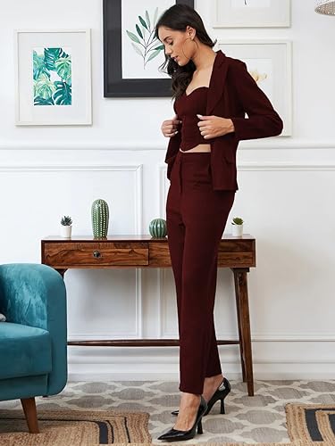 Image of Florely Women's Lycra Solid Three Piece Outfits Blazer Co-Ord Set Women Outdoor Wear Maxi Dress Crop top Party Dress Stylish Dresses