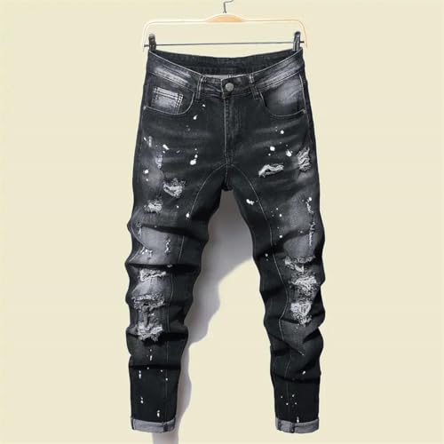 Men’S Hip Hop Ripped Skinny Stretch Harem Denim Jeans Slim Fit Zipper Fly Dot Pattern Full Length Streetwear Jeans2