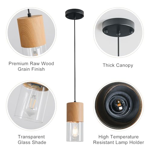 Image of 2-Pack Modern Pendant Lights for Kitchen Island, Adjustable Pendant Light Fixtures with Raw Wood Grain, Industrial Clear Glass Pendant Lights for Dining Table Hallway Bedroom Living Room