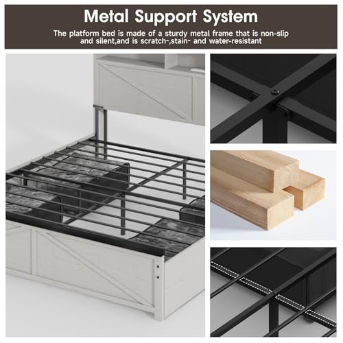 Image of Vabches Farmhouse Full Size Bed Frame with 48 inch Tall Storage Headboard, Wood Bedroom Platform Bed Frame No Box Spring Needed, 4 Storage Drawers Underneath, Adjustable LED Lights, Charging Station