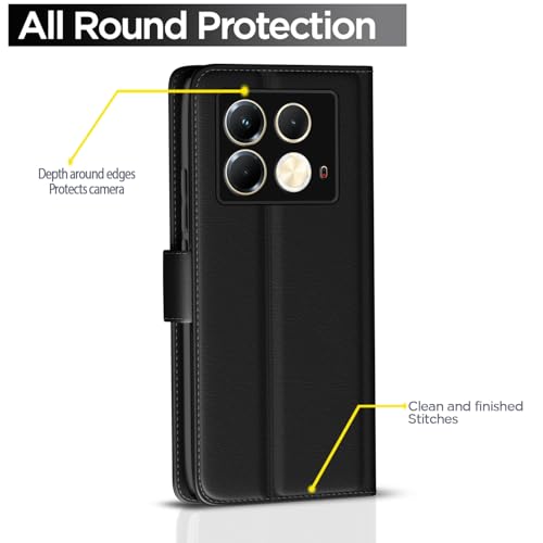 Image of Pikkme Flip Cover for Infinix Note 40 5G Leather Finish | Inside TPU with Card Pockets | Wallet Stand and Shock Proof | Complete Protection Button Flip Case(Black)