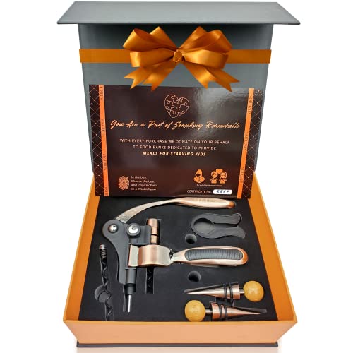 Wine Bottle Opener Set NOBLESIP - 6 PCS Kit: Foil Cutter, 2 Bottle Stoppers, Extra Corkscrew, Wood Stand - Easily Removes Natural and Synthetic Corks the Wine Enthusiasts Choice - Gift Box. (Chrome)