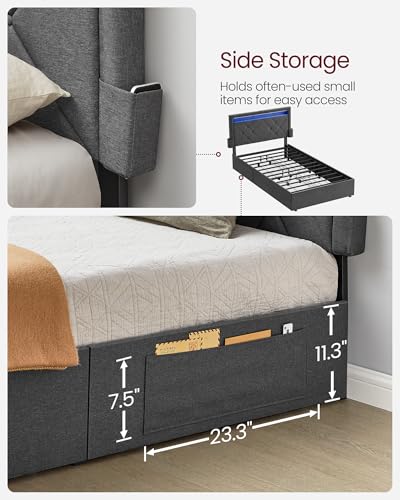 Image of VASAGLE LED Bed Frame Twin Size, Twin Bed with Headboard and 4 Drawers, 1 USB Port and 1 Type C Port, Adjustable Upholstered Headboard 37.1 /39.6 Inches, No Box Spring Needed, Dark Gray URMB823G71
