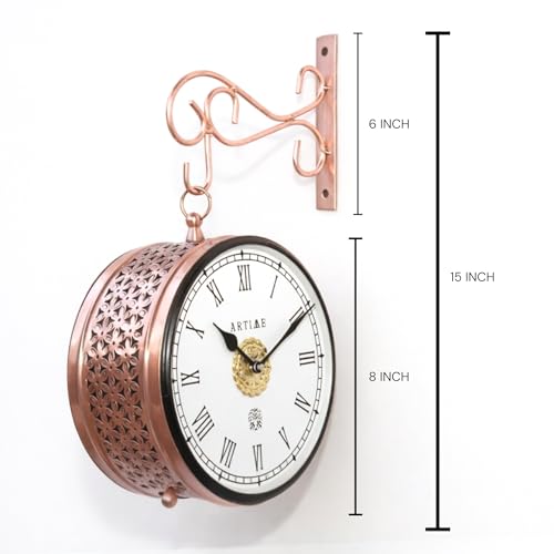 Image of Handcrafted Double Side Metal Analog Vintage Wall Clock,Hand Jali Cutting | 1.5 Year Machine Warranty |65470- Size INCHES | 1 Side Number 1 Side Roman,Colour Copper Size 8 inch
