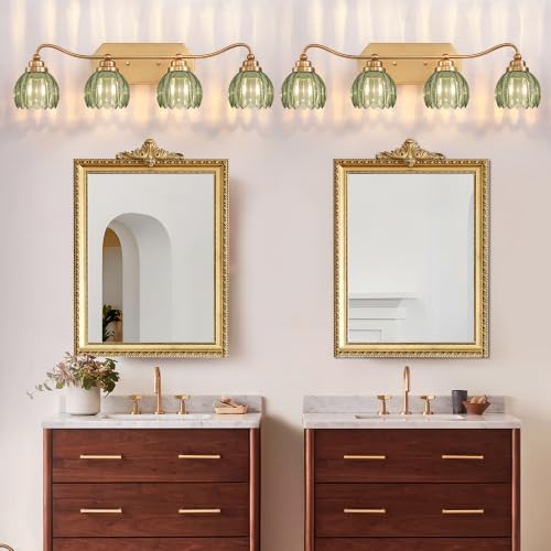 Image of Vintage Gold Vanity Lights, 4 Light Tulip Crystal, Antique Brass Finish | Brushed Gold Bathroom Light Fixtures, Green Wall Sconce Ideal for Bedroom, Living Room, E26 Compatible, Easy Install
