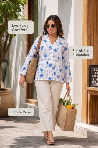 Image of Women's Cotton Floral Printed Summer Coat for Sun Protection, Lightweight Full Sleeve Cover-Up for Driving & Outdoor Use (Random Colour)