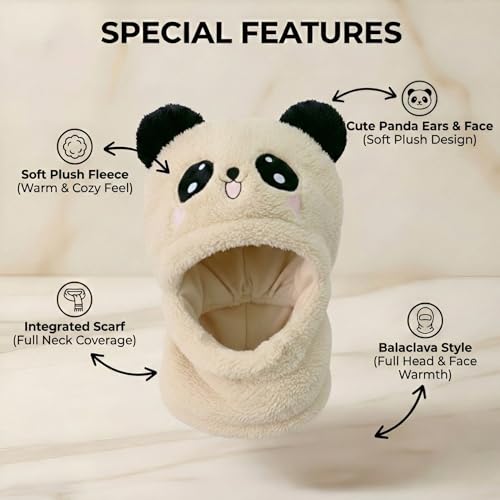 Image of Kraptick Winter Kids Monkey Cap - Cute Panda Plush Balaclava Hat with Neck Warmer Scarf Soft Woolen Fleece Lined Windproof Earflap Hood for Babies -3