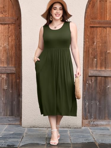 Image of LARACE Women's Plus Size Sleeveless Maxi Dress Casual Crew Neck Pleated Flowy Long Dresses with Pockets L-6XL