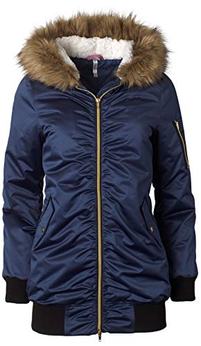 Pink Platinum Juniors' Plus Small Tunic Length Ruched Bomber Jacket with Faux Fur-Trimmed Hood (Navy)