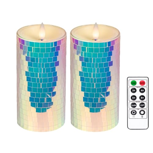 Image of Glass Flameless Pillar Candles Flickering with Remote Timer, Battery Operated LED 3D Moving Flame Real Wax Candles,Remote Included (Rainbow Laser Mosaic)