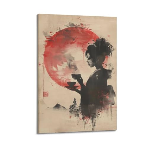 Impression sur bois japonaise haut de gamme : œuvre vintage femme zen au thé 60x90 cm