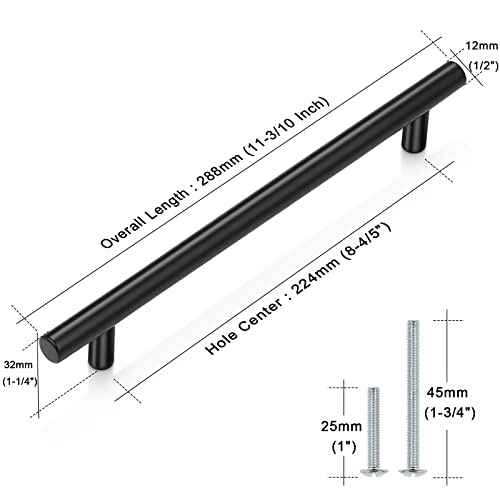 Image of Probrico 5 Pack|Black Modern Cabinet Handles Bedroom Drawer Pull Kitchen Cabinet T Bar Handle Dresser Pulls - 8.8 inch Hole Center