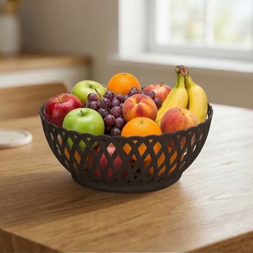 Image of RATAN PLASTICWARE Cane Large Plastic Storage Basket for Fruits, Vegetables & Snacks - Decorative Woven Design for Kitchen, Dining Table & Home Use I Pack of 3 - Dark Brown