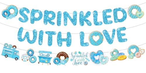 Sprinkle Baby Shower Decorations for Boy Blue Donut Sprinkled with Love Banner Sprinkle Baby Shower Letter Garland Banner for Baby Boy Gender Reveal Dessert Table Wall Hanging Party Supplies Decor