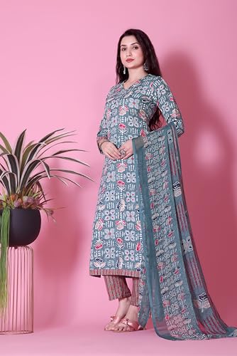 Tadkee Women's Cotton Blend Kurta Set (Fn-Kurta-Set-Dupatta-136-Sky-S_Sky