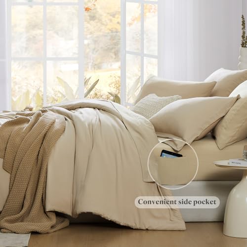 Image of King Size Comforter Set- 7 Pieces Prewashed Bed in a Bag King Bedding Sets | Soft All Season Comforter with Sheets, Pillow Shams & Pillowcases, Beige