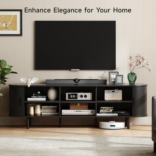 Image of ONBRILL 70.8 inch TV Stand with Power Outlet for TVs up to 75 Inch, Entertainment Center with Storage and Adjustable Shelves, Modern Media Console with Sliding Doors for Living Room, Black