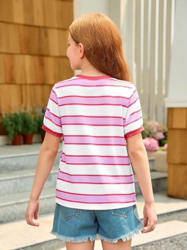 Image of Haloumoning Girls Striped Short Sleeve T Shirts Kids Summer Casual Tops Crewneck Tees Blouses 5-14Y
