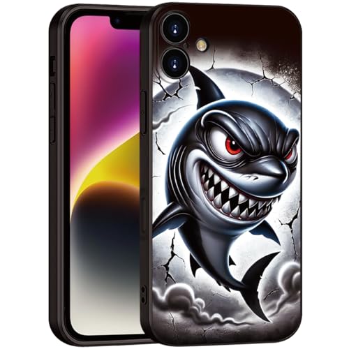 Printed Shark Pattern for iPhone 16 Case, Printed Fierce Red-Eyed Shark Cartoon Silicone Soft Shockproof case,for Girls & Women & boy & Men(B1-Cartoon Shark-Cool)