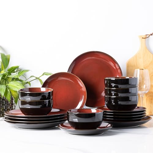 Image of LeRatio Ceramic Dinnerware Sets for 6,Stoneware Plates and Bowls Sets,Handmade Reactive Glaze Dishes Set,Chip Resistant and Scratch Resistant | Oven&Dishwasher & Microwave Safe,Service for 6-Red