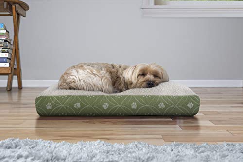 Image of Furhaven Pillow Dog Bed for Small Dogs w / Removable Washable Cover - Sherpa & Flannel Paw Print Mattress - Jade Green, Small