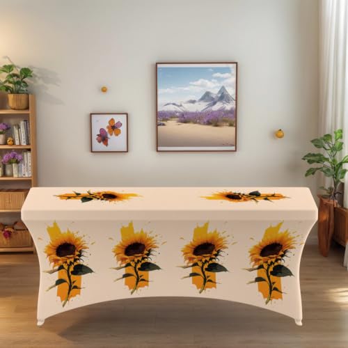 Highdi Mantel Elástico de Spandex para Mesa Rectangular de 122/183/244cm - Funda Ajustable Sin Arrugas, Ideal para Bodas, Fiestas de Cumpleaños y Catering (Girasol Tropical,6FT)