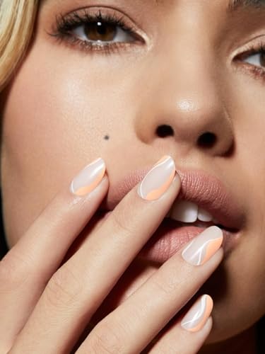 Static Nails Reusable Pop-On Manicure Set - Level Up | Peach Wavy Lines Almond False Nails | Short Press On Nails | Salon Quality Non-Damaging Acrylic Nails | Fake Nail Kit with Glue | Fake Nail Tips