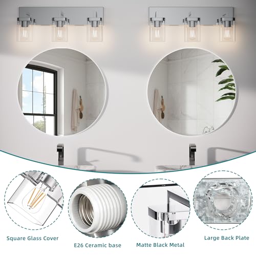 Image of Chrome Bathroom Vanity Light, Square Design 3 Lights Morden Vanity Lighting Fixtures Over Mirror, Bathroom Light Fixtures for Living Room /Bedroom