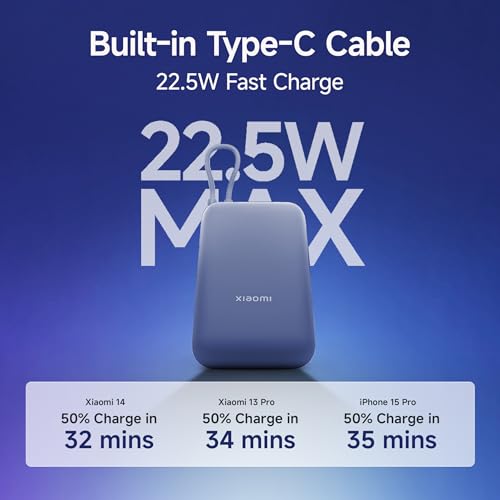 Image of Xiaomi Pocket Power Bank 10000mAh 22.5W with Built-in Cable | Super Fast Charging PD |Smart 12 Layer Protection|Triple Output Ports|Supports Android,Apple, Tablets, Earbuds,Watch(MI Powerbank),Blue