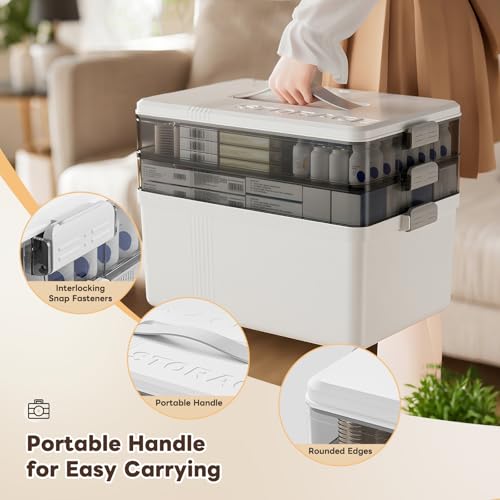 GOURDBRO 3-Tier Medikamenten Aufbewahrung Große - Medikamenten Organizer mit Griff - Kunststoff Hausapotheke Box leer - Mehrzweck Aufbewahrungsbox mit Abnehmbaren Tablett (Weiß)